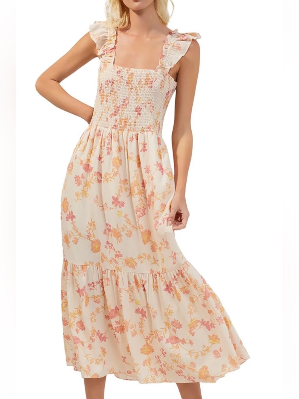 French Connection Peach Maxi Dress with Pink and Orange Floral Print
